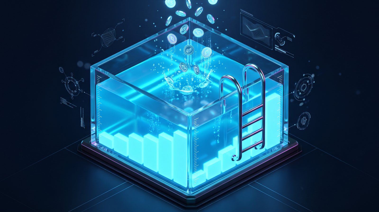 A glowing liquidity tank filling as coins drop in