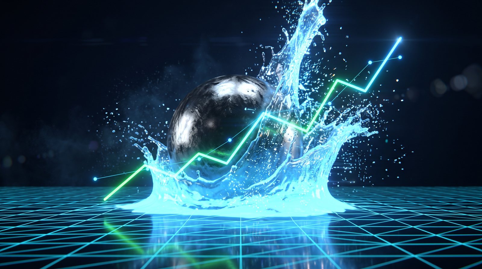 A chrome sphere splashing into glowing liquid as a chart rises